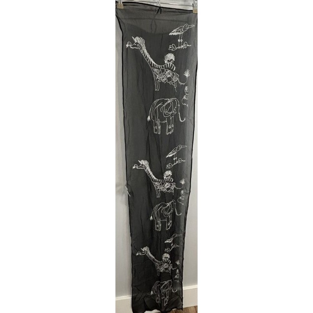 Chicos 100% Silk Scarf Black White Safari Animal‎ Embroidery Elephant Giraffe